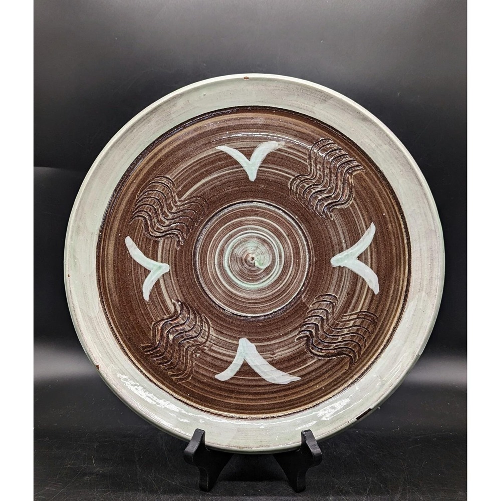 Vintage Studio Art Pottery 12" Incised Decorative Plate Brown‎ Signed Jekyll